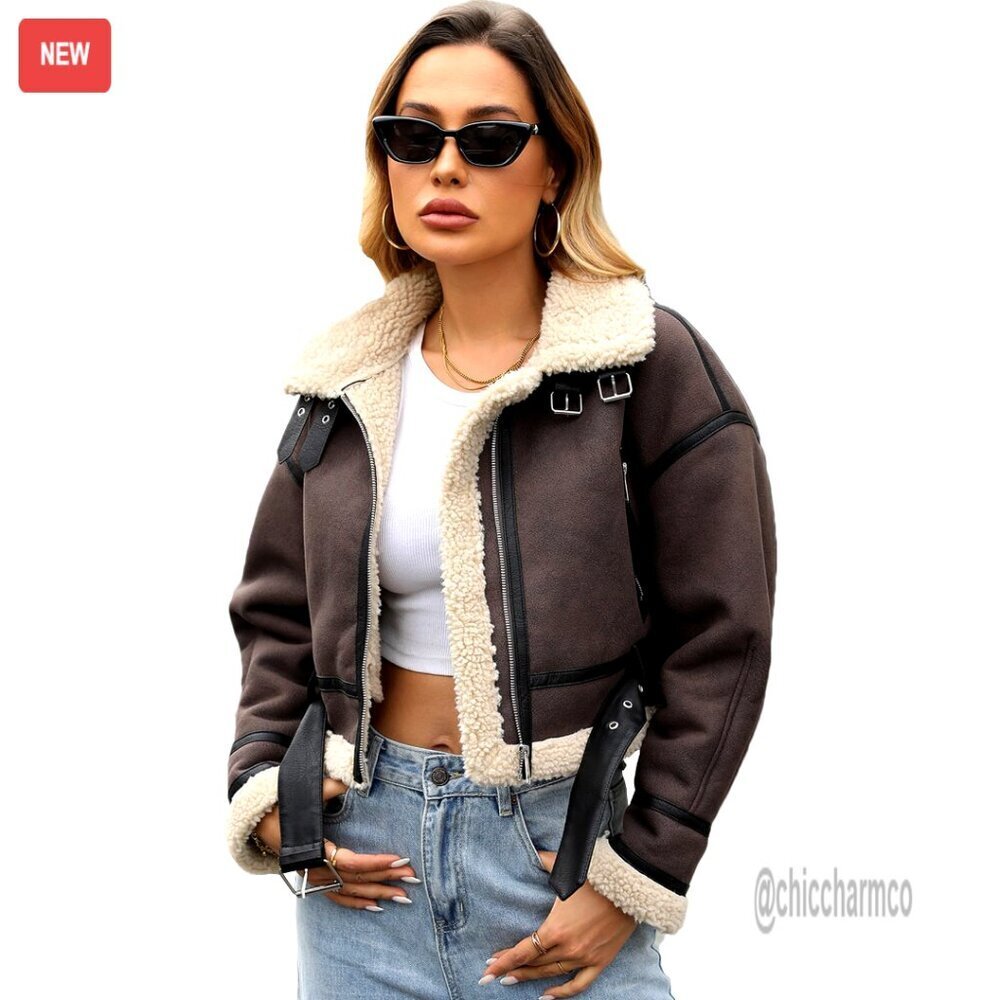 Faux Leather Bomber Jacket Oversized Cropped Aviator Style Vintage Chic